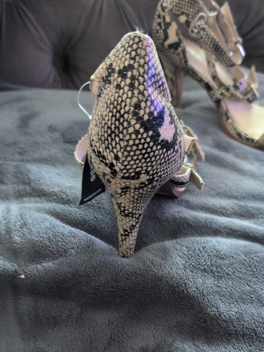 Express Snake-Print Strappy Heels in Beige and Black - Picture 3 of 7